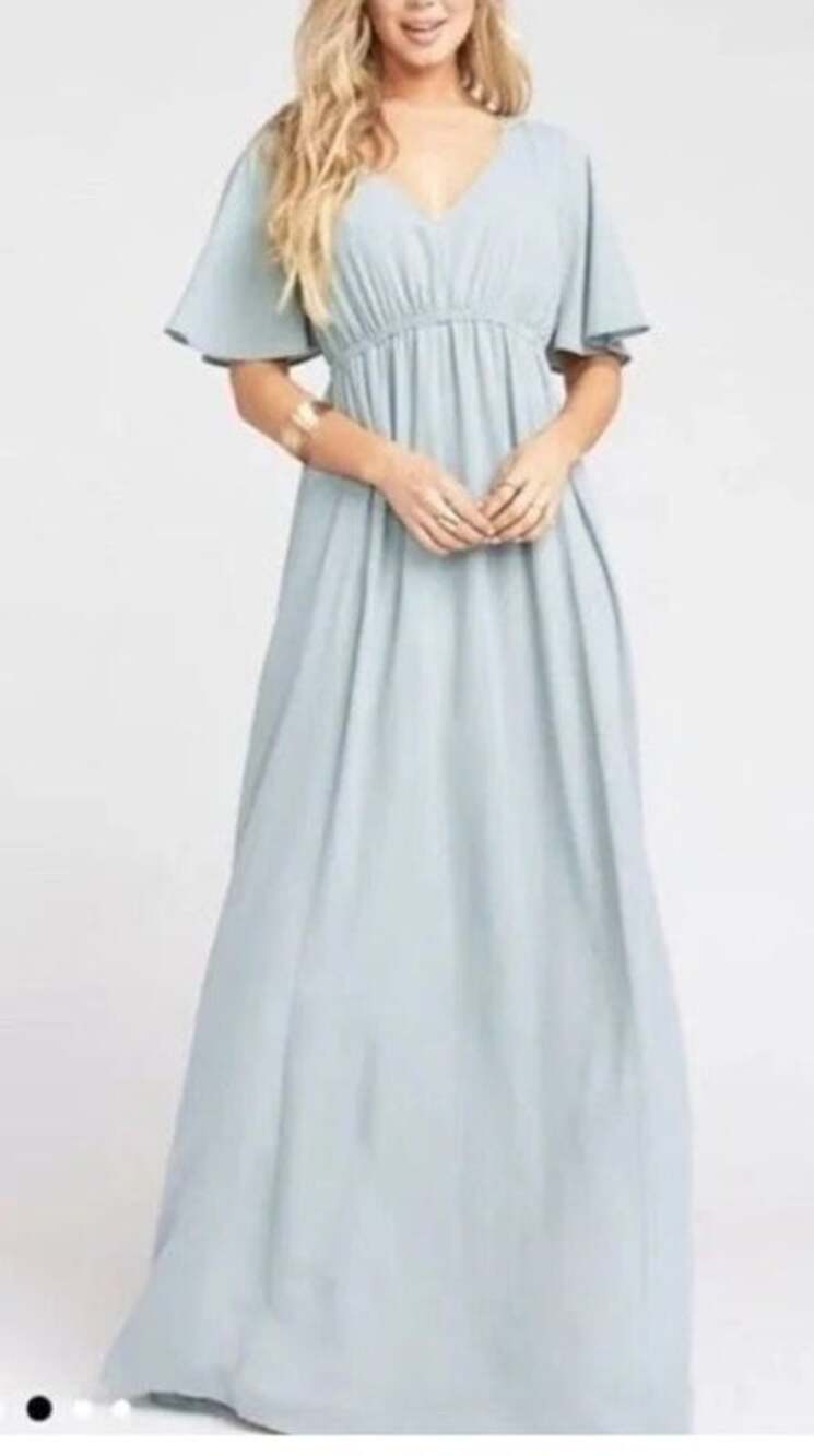 Show Me Your Mumu Emily Flutter Sleeve Empire Maxi Dress Silver Sage Medium